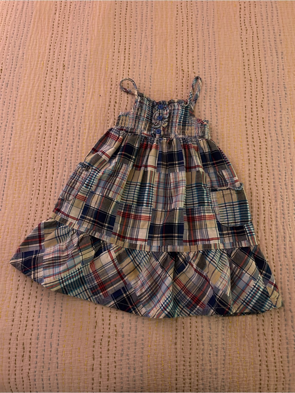 Faded Glory, Organic Cotton Madras Tiered Sundress in Navy, Red & Cream